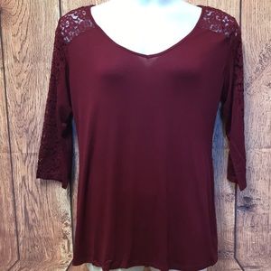 Red Betsy Burgundy VNeck Cutout Lace back Blouse